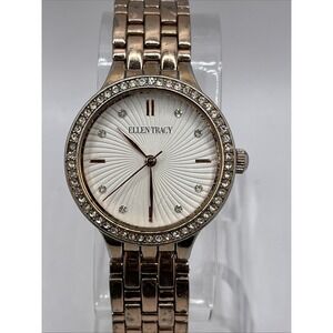 Ellen Tracy Women's Quartz Watch Rose Gold Band Crystal Bezel-‎ New Battery